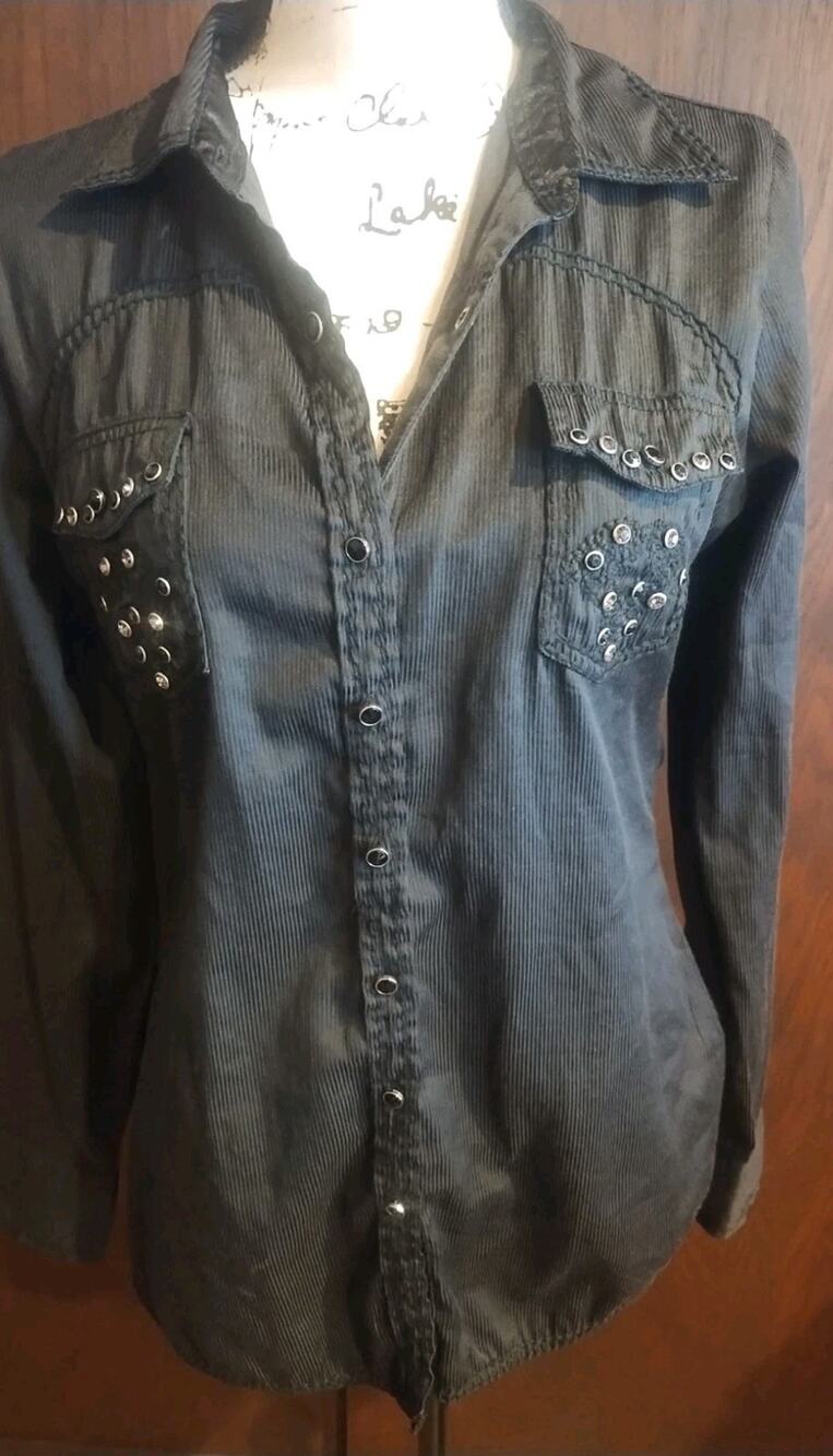 Roar Western Embellished Shirt Button Black Long sleeve Women Large Embroidered